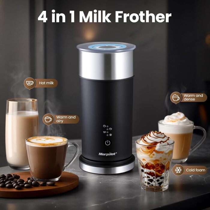 Електричний піноутворювач для молока Morpilot 4-в-1, 240 мл, 400 Вт, з нержавіючої сталі з антипригарним покриттям, для лате макіато та капучино