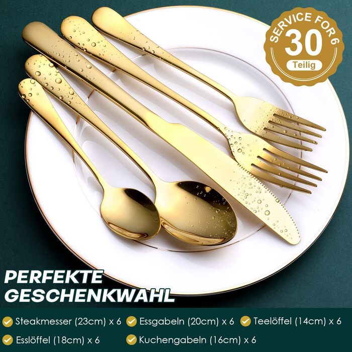 Набір столових приборів OGORI для 6 осіб, 30 предметів, золотий, з нержавіючої сталі 18/10, для дому/ресторану/вечірки (у подарунковій коробці)