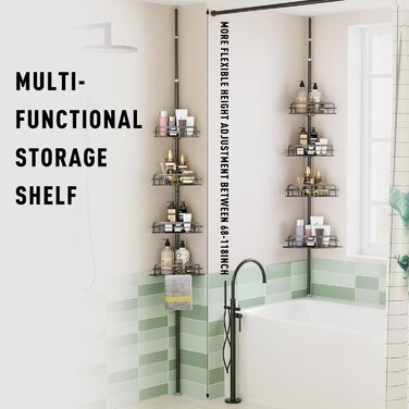 Тeleskopна поличка для душу Uamector - кутова поличка з 4 кошиками, регульована висота 107-306 см, чорний колір