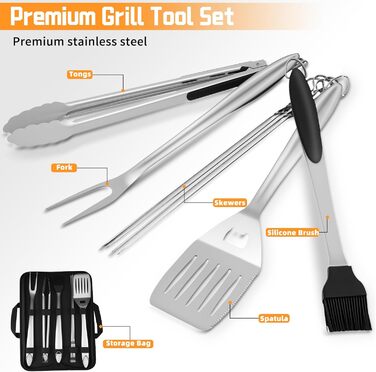 Набір аксесуарів для гриля з нержавіючої сталі на 9 частин, преміум-якість, для чоловіків та батьків, ідеальний подарунок на день народження/Новий рік, для BBQ, гриля та кемпінгу, з сумкою, включає шпатель, щипці