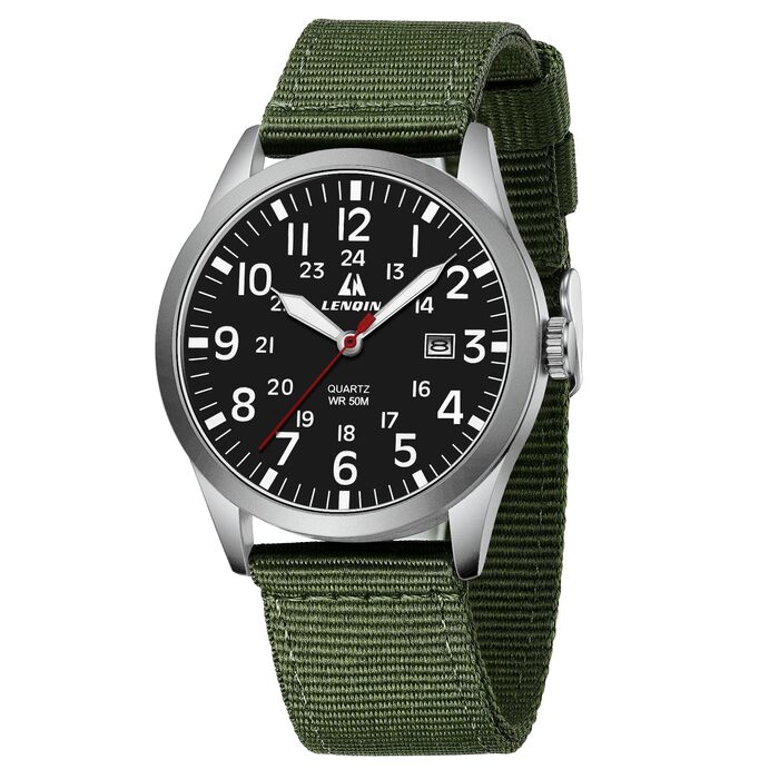 Годинники чоловічі LN LENQIN аналогові кварцові на нейлоновому ремінці, водостійкі 30M, з датою (зелені, срібні, чорні)