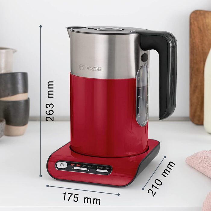Bosch Kettle Styline TWK8614P, automatic shut-off, overheat protection, temperature selection, keep-warm function, 1.5 L, 2400 W, red
