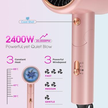 Фен для волосся іонний Haartrockner 2400W з дифузором та насадками, складаний дорожній фен з контролем температури, рожевий