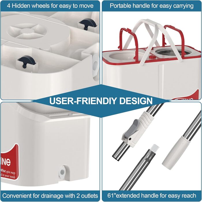 Набір для миття підлоги з відрі та вичавкою, 4-камерний mop з мікрофіброю, білий (19.68 x 10.43 x 11.02 см)