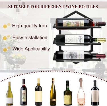 Металева стійка для вина на стіну Giyiprpi, органайзер для 3 пляшок, чорна, для дому, кухні, бару