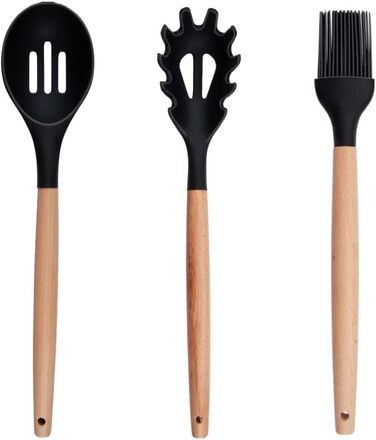 Набір кухонних аксесуарів Alpina 7 предметів з поворотним підставкою – кухонні інструменти, силіконовий набір посуду для приготування їжі (чорний)