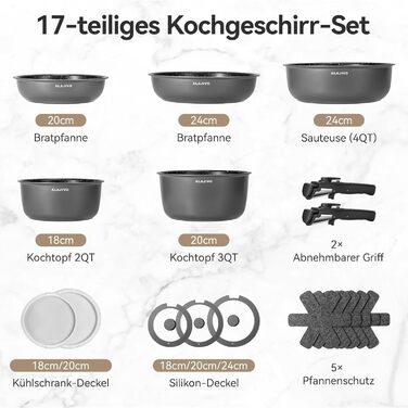 Набір каструль та сковорідок 17 частин з знімним ручками, антипригарне покриття, для всіх типів плит, включаючи індукційні, та духовка, сірий колір