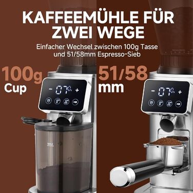 AMZCHEF Електрична кавомолка з регулюванням помелу для еспресо, drip, pour over, cold brew та French press | Срібна