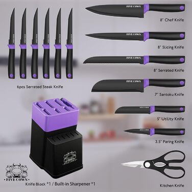 Набір кухонних ножів FIVE COWS з 14 предметів: професійний набір ножів для дому з самозаточуванням, включає ніж для стейка та ножиці, покриття захищає від окислення (фіолетовий)