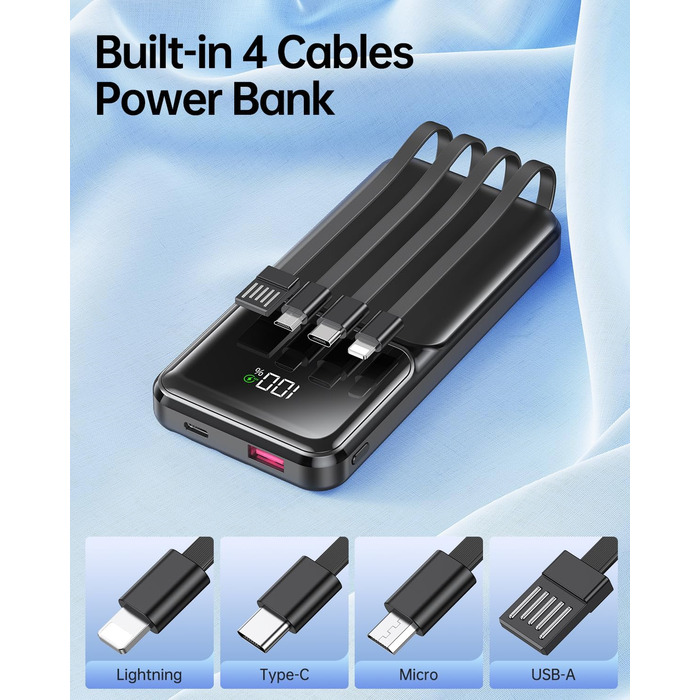Power Bank 15000mAh з 4 кабелями, портативний зарядний пристрій 22.5W PD20W USB-C для iPhone, Samsung, Huawei та інших пристроїв. LED-індикатор.