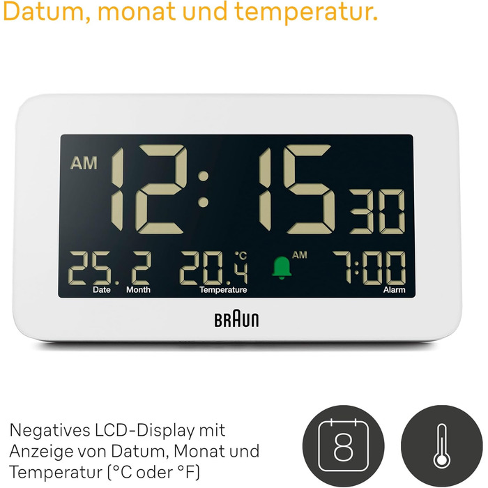 Braun Digital Alarm Clock with Date, Month, and Temperature Display, Negative LCD Display, Quick Set Function, and Gradual Alarm Sound in White, Model BC10W.