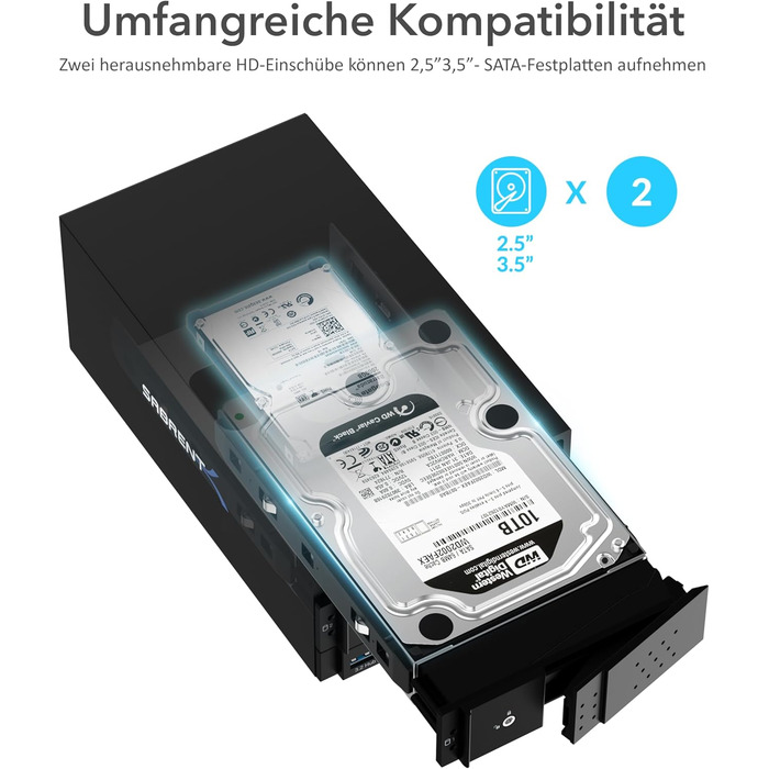 SABRENT Док-станція для жорстких дисків 2 відсіки USB A/C з RAID, SATA SSD/HDD, 2.5/3.5 дюймів, 5Gbps, підтримка 10TB