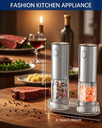 Електричні соляні та перечні млини CIRCLE JOY з нержавіючої сталі з підставкою, 95 мл, біле LED-підсвічування, регульована ступінь помелу, срібний колір