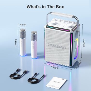 Портативна Bluetooth-колонка караоке з 2 бездротовими мікрофонами, RGB-підсвічуванням, регулюванням високих та низьких частот, ефектами голосу, AUX/USB/TF/OTG, 6,5 мм роз'єм, для вечірок (біла)