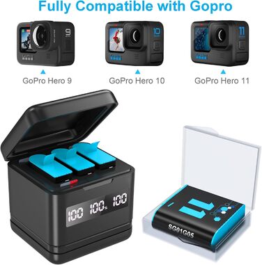 Акумулятор NOPWOK 3x2000mAh для GoPro Hero 9, 10, 11, 12 з зарядним пристроєм та SD-картрідер