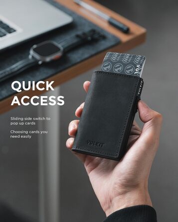 Гаманець картхолдер VULKIT Pop-Up RFID захист шкіра (Crazy Horse чорний) для 11 карт і купюр