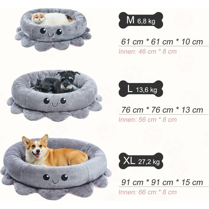 Кругле ліжко для собак та котів Jiupety Boho, рожеве/сіре, XL/M, знімний коврик, ліжко-антистрес для великих собак