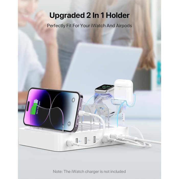 Зарядна станція SooPii USB 60W/12A, 6 портів з PD 20W для iPhone/Samsung, тримач для Apple Watch, 6 кабелів у комплекті - біла