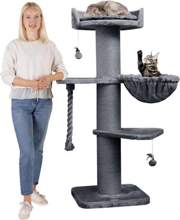 HAPPYPET Преміум Дряпка для котів 'Купер' – 150 см, велика, для Мейн-кун, з сизалю, товсті стовпи (сірий)