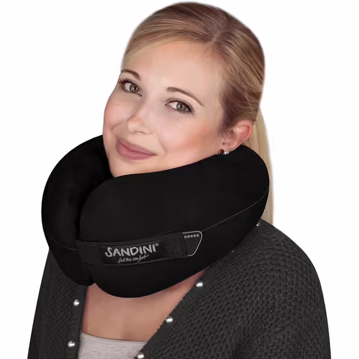 SANDINI TravelFix Regular Size – Microfiber – Premium Travel Pillow Made in EU / Neck Pillow with Ergonomic Support – Free Carrying Bag with Attachment Clip