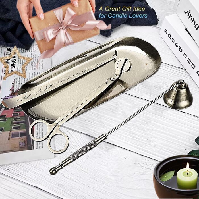 VISIKOM 4-in-1 Wick Trimmer Set Candle Snuffer Candle Accessory Set with Tray Bronze Candle Care Tool Kit Wick Cutter Birthday Gift for Candle Lovers Gifts for Women