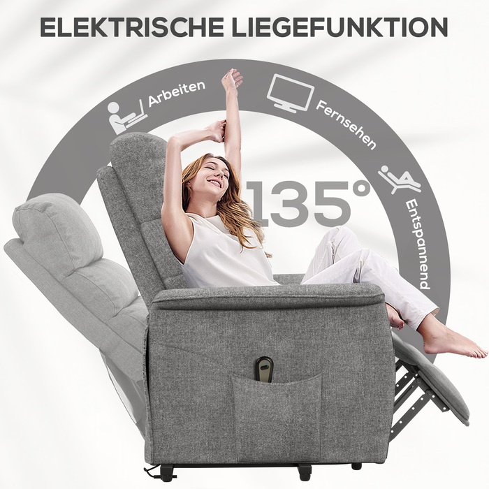 HOMCOM Electric TV Recliner Chair with Lift Assist, Recliner with Lie-Flat Function, TV Chair in Linen-Look with Side Pocket & Remote Control