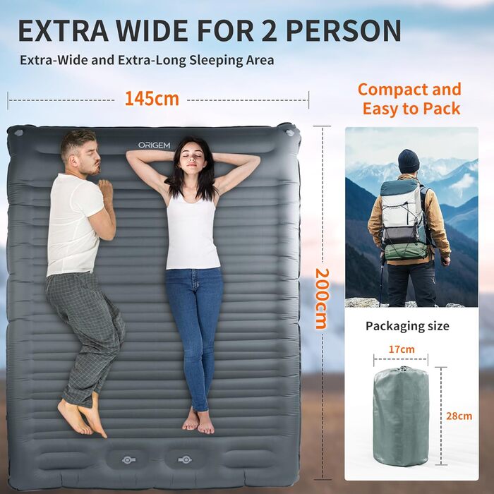 Isomatte Origem для 2 осіб, 14 см, самонадувна, ультралегка, для кемпінгу, туризму, рюкзака, зеленого кольору (сірий), з насосом