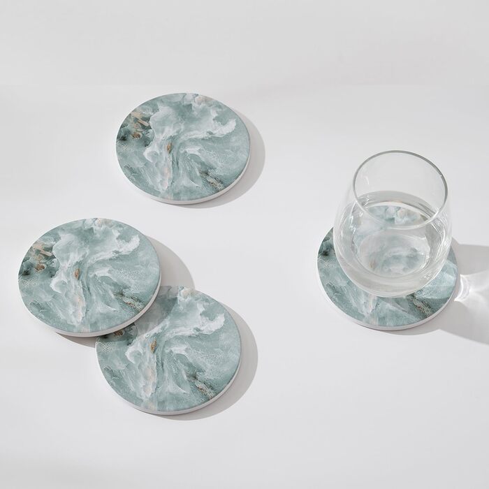 Set of 6 abstract dark blue marble coasters with holder, absorbent ceramic coasters for drinks, coasters with cork backing for table protection, housewarming gifts (Abstract Green Marble)