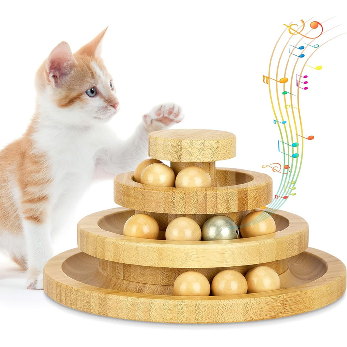 Cat Toy Self-Entertainment, Interactive Bamboo Cat Toy THREE Tiers Rotating Smart Track Ball Swing Roller with Bells