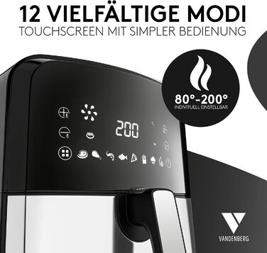 Фритюрниця без олії Vandenberg 5.5L з 12 програмами, 1700W, антипригарне покриття, сенсорний дисплей