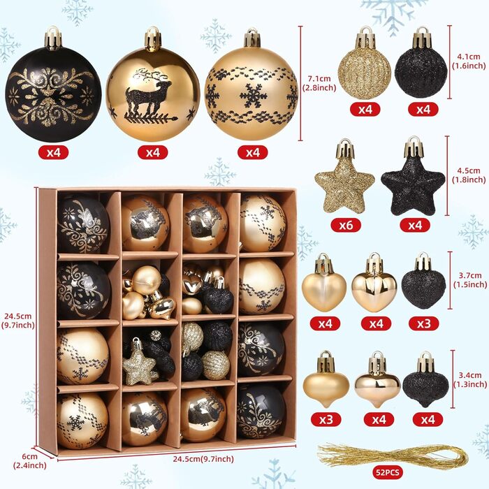 Кріплення для ялинки Kesote: 52 золоті та чорні ялинкові кулі для декору на Різдво та святкування