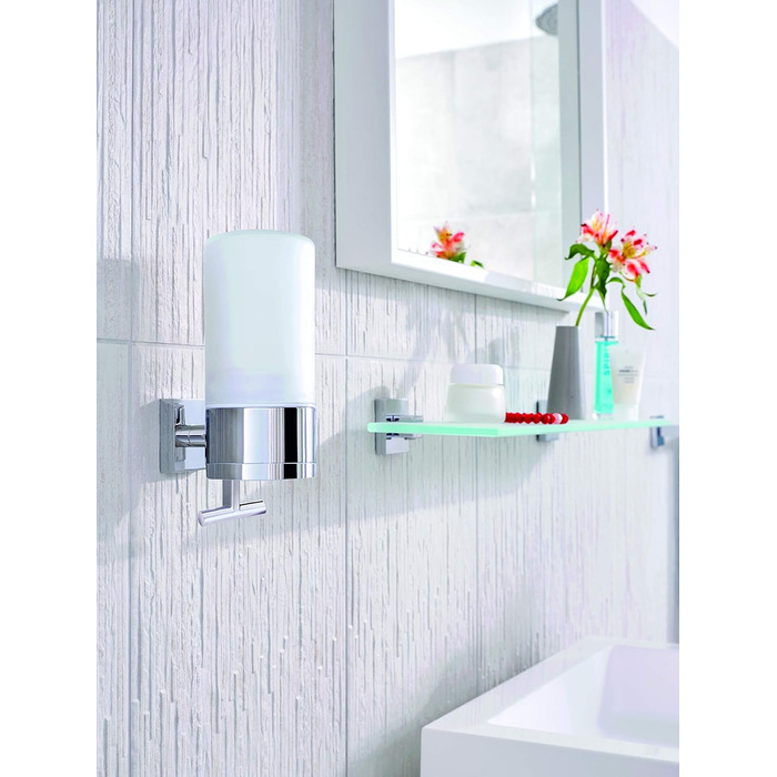 tesa DELUXXE Soap Dispenser Set, Frosted Glass and Chrome-Plated Metal - Wall-Mountable Liquid Soap Dispenser without Drilling, incl. Adhesive Solution - 73mm x 192mm x 115mm