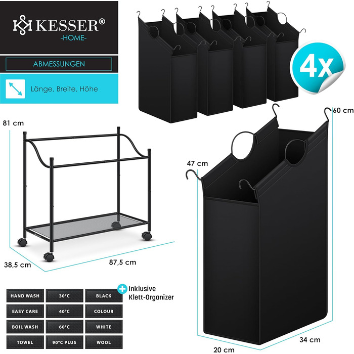 KESSER® Laundry Basket, Laundry Collector, Laundry Sorter with 4 Removable Fabric Bags | 4 Compartments x 35 Liters | Laundry Box with 12 Laundry Instructions, 360° Swivel Wheels with Brake, Laundry Sorting System, Laundry Cart, Black