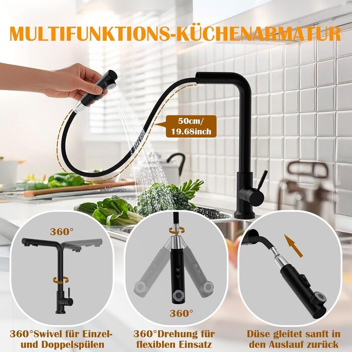 Змішувач кухонний водяний чорний, висувний з душем, 360° поворотний, 2 режими розпилення, для кухні, нержавіюча сталь