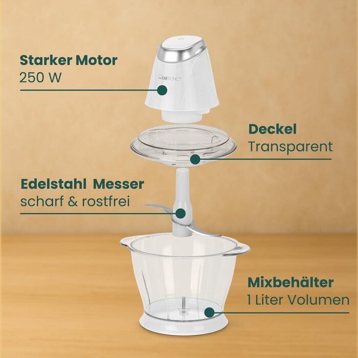 Електричний дрібник Clatronic MZ 3579: 250W, нержавіюча сталь, 1л, подрібнення льоду, білий