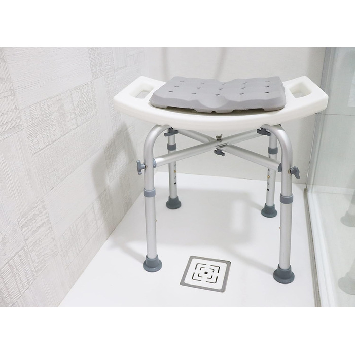 KMINA Shower Stool for Seniors - 150 kg Capacity, Double-Reinforced Crossbar, Cushion, Height Adjustable, Tool-Free Assembly - Made in Europe (White)