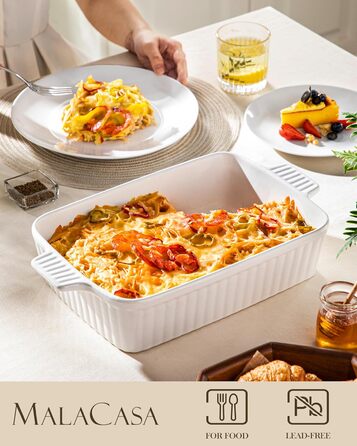 Керамічна форма для запікання MALACASA Bake.Bake 39,6 см, 4,2 л, біла, для лазаньї, тірамісу, запіканок, прямокутна, на 4-6 осіб