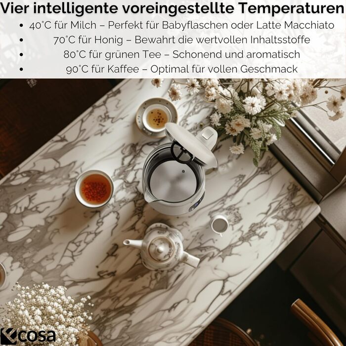 Електричний чайник Ecosa® зі скляною колбою та нержавіючою сталлю, 1.7 л, 2200 Вт, регулювання температури 40-100°C, функція підігріву, LED-підсвічування, без BPA (Woldo White)