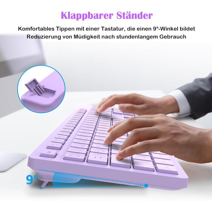 Бездротовий комплект клавіатури та миші Leadsail K786 з цифровою клавіатурою QWERTZ (Німецька) - тиха клавіатура, 2.4 GHz, USB Nano приймач для ПК/ноутбука (фіолетовий)