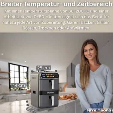 Фритюрниця Steinborg® Heißluft XXL 12 літрів з подвійною камерою, 6+6 літрів, для смаження, запікання, сушіння та грилю без олії