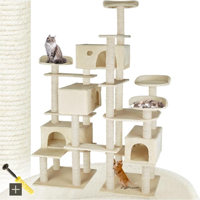 Тектейк® Драбина-кіготь для котів велика, комплектація: будиночки, ігрова колона, стовпчик для шліфування кігтів з сизалю, сірий колір (бежевий) - артикул 403919