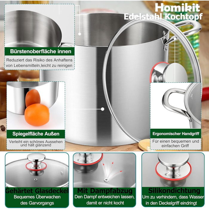 Каструля Homikit 20 см, 3-шарівна нержавіюча сталь, 3,3 л, з кришкою з термостійкого скла, для всіх типів плит, нержавіюча сталь, полірована, без покриття, для здорового приготування, можна мити в посудомийній машині