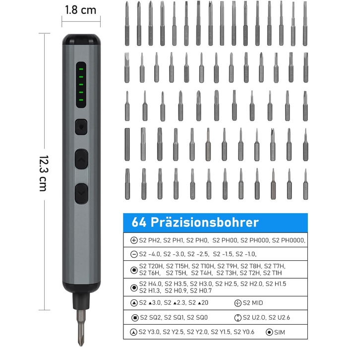 Електрична викрутка 70 в 1 з набором S2 біт, 4 LED, 200 RPM, для ремонту годинників, ПК, телефонів (срібно-чорний)