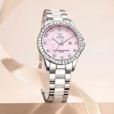 Годинник жіночий OLEVS з діамантами, елегантний, розкішний, на зап'ястя, з рожевого золота, з керамічним склом (3651 Blau Pulver)