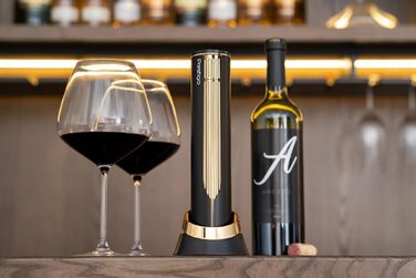 Prestigio Maggiore Electric Corkscrew - Premium Wine Bottle Opener with Charging Station - Integrated Foil Cutter - Packaged in a High-Quality Gift Box - Black/Gold