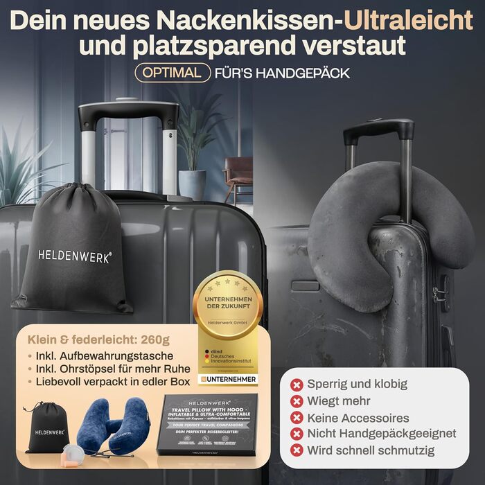 Подушка для шиї HELDENWERK® Air: 5 положень, швидка підкачка, регулювання тиску, знімний капюшон, для подорожей (літак, авто), темно-синій, великий розмір