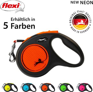 Еластичний повідок Flexi Neon M, 5 м, чорний/неоновий помаранчевий, світловідбиваюча поверхня, для собак до 25 кг