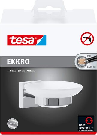 tesa EKKRO Soap Dish with Wall Holder, Satin Glass and Chrome-Plated Stainless Steel - for wall mounting without drilling, incl. adhesive solution - 110mm x 51mm x 131mm