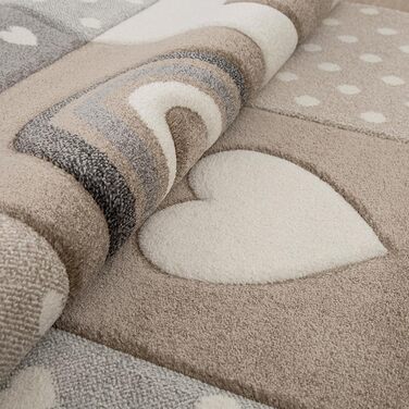 Paco Home Rug Kids' Room Rug Boy Girl Pastel 3D Effect Modern Rainbow Heart Beige Cream Gray, Size: 80x150 cm