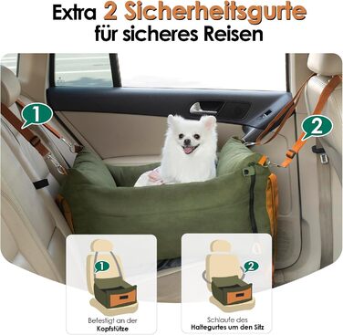 Small & Medium Dog Car Seat - Portable Pet Carrier with Extendable Bed, Washable Travel Dog Bed with Storage Pockets & Safety Belt - Green